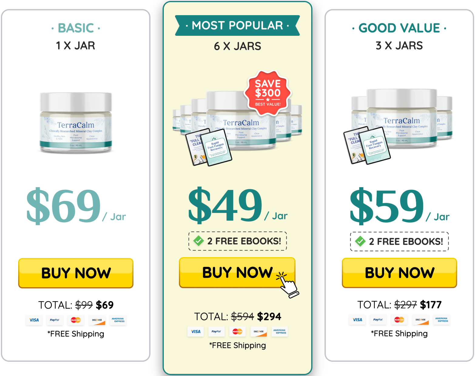 TerraCalm pricing options: one jar at $69, six jars at $49 each, three jars at $59 each with free shipping