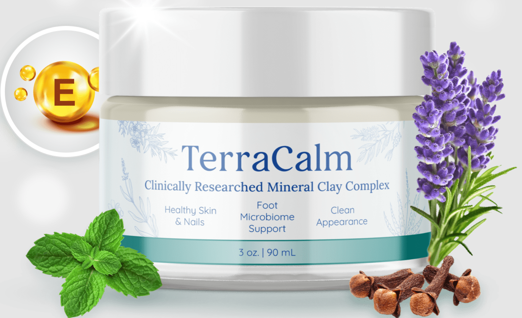 TerraCalm mineral clay foot cream jar with lavender, mint and clove ingredients