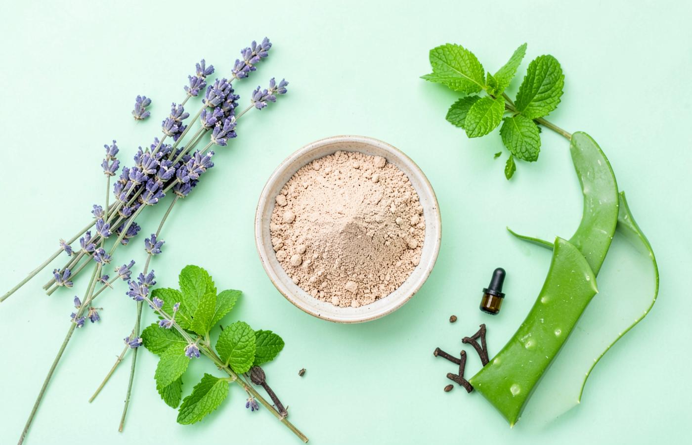 Bentonite mineral clay, lavender, mint, clove and aloe laid out on a mint background